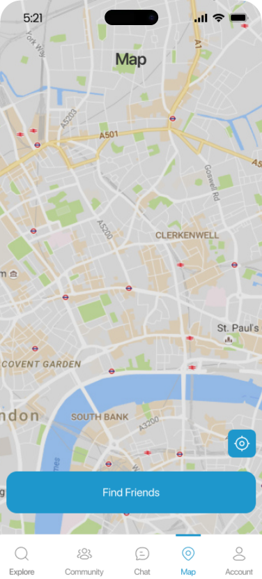 The Dots map with a Find Friends button