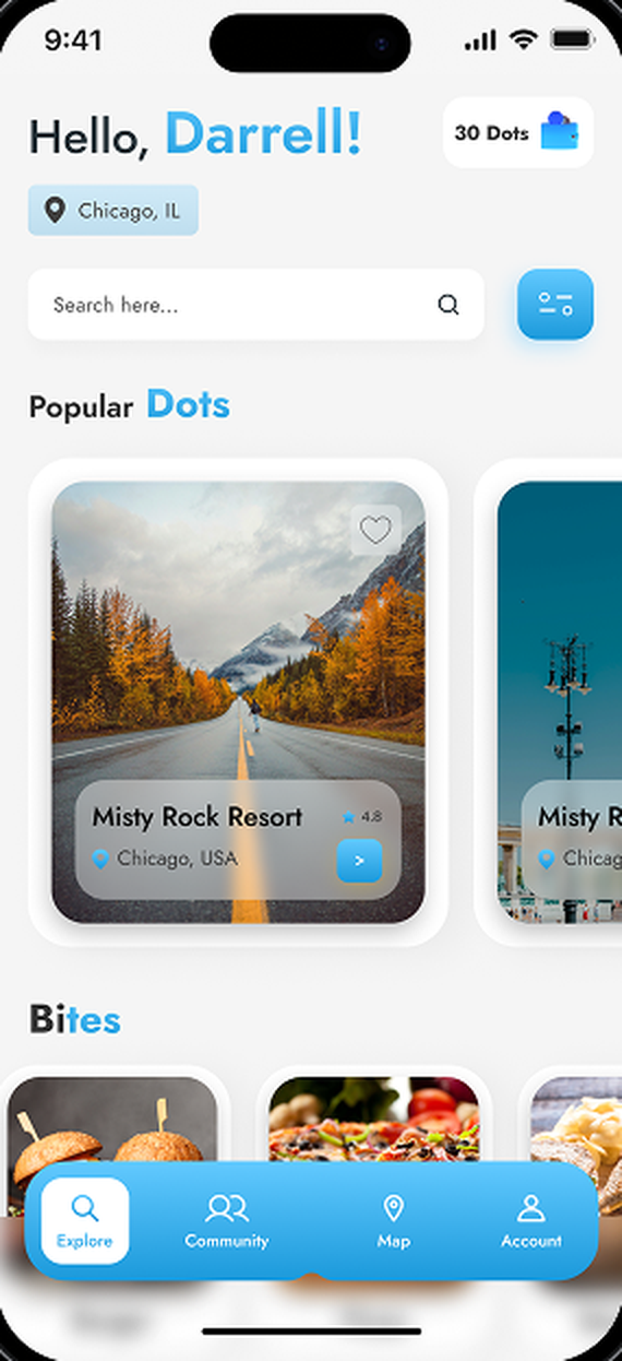 The Dots explore screen showing popular places near Chicago and a Dots balance